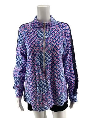 Lilly Pulitzer Skipper Popover Top Large Electric Blue Palette Print Half Zip